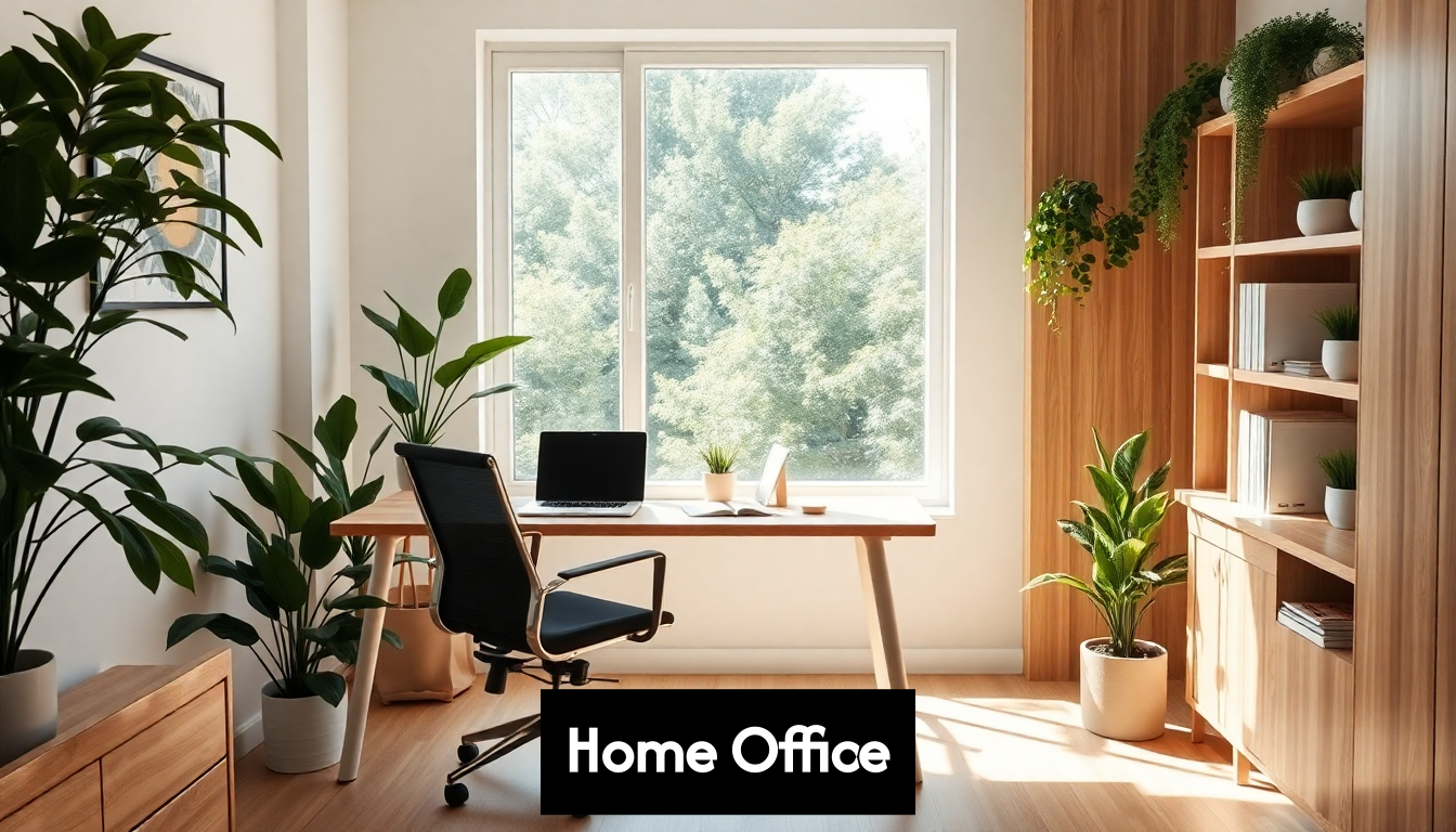 Bright modern home office with desk and plants