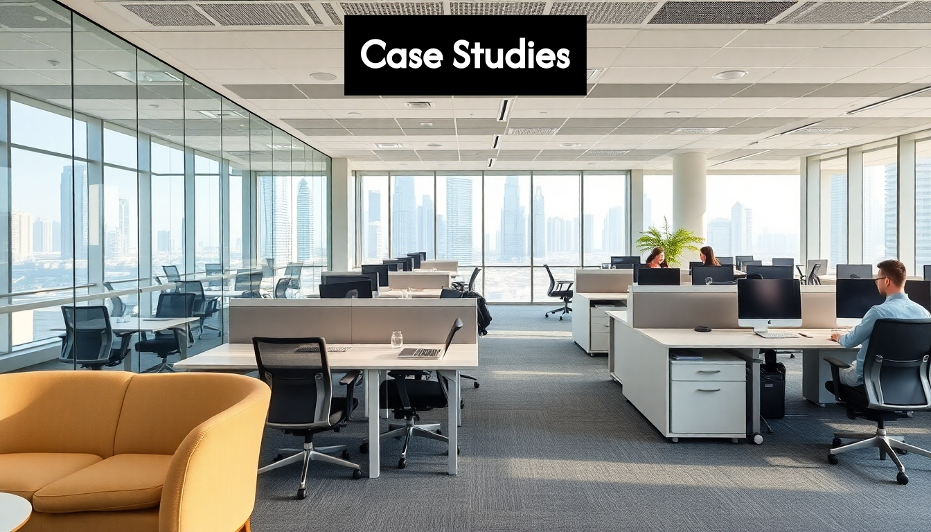 Dubai office with modular workstations and city view