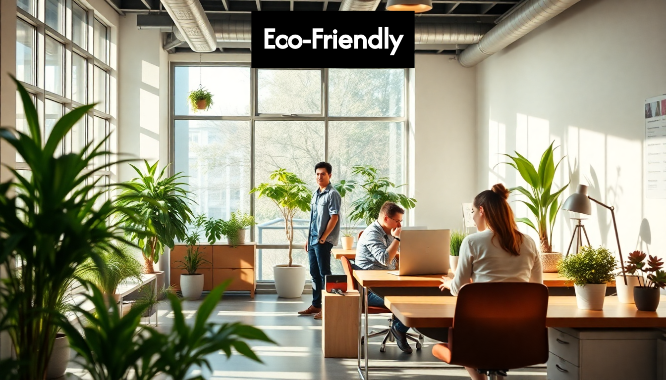 Eco-friendly office with recycled furniture and plants
