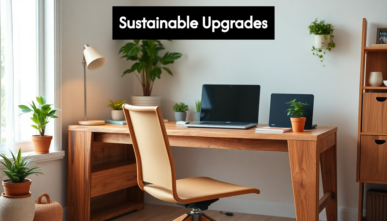 Eco-friendly workspace with recycled furniture and LED lamp