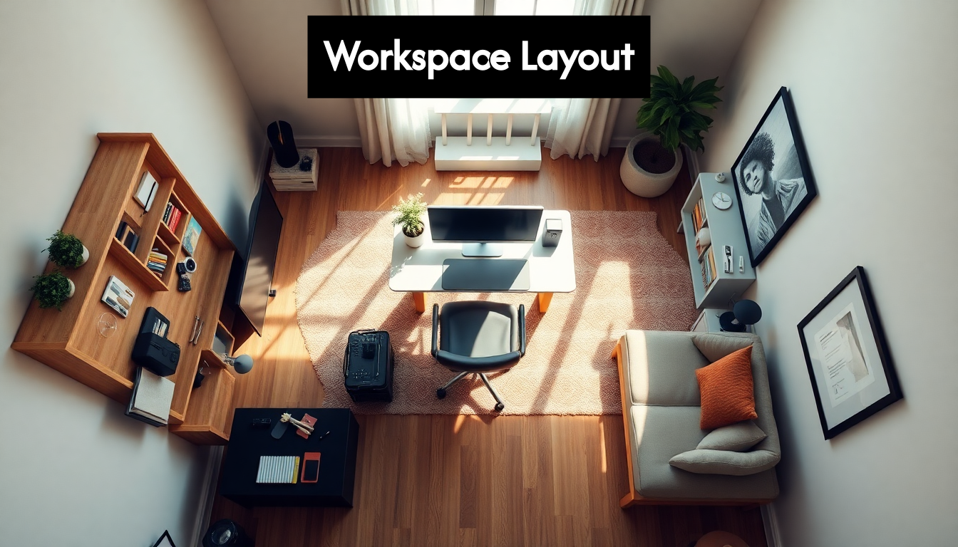 Home office layout with zones and desk