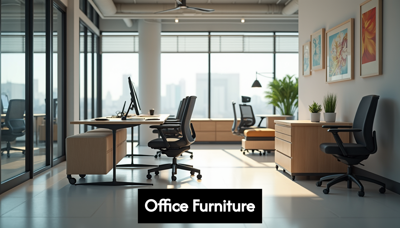 Modern office furniture in a sunny workspace