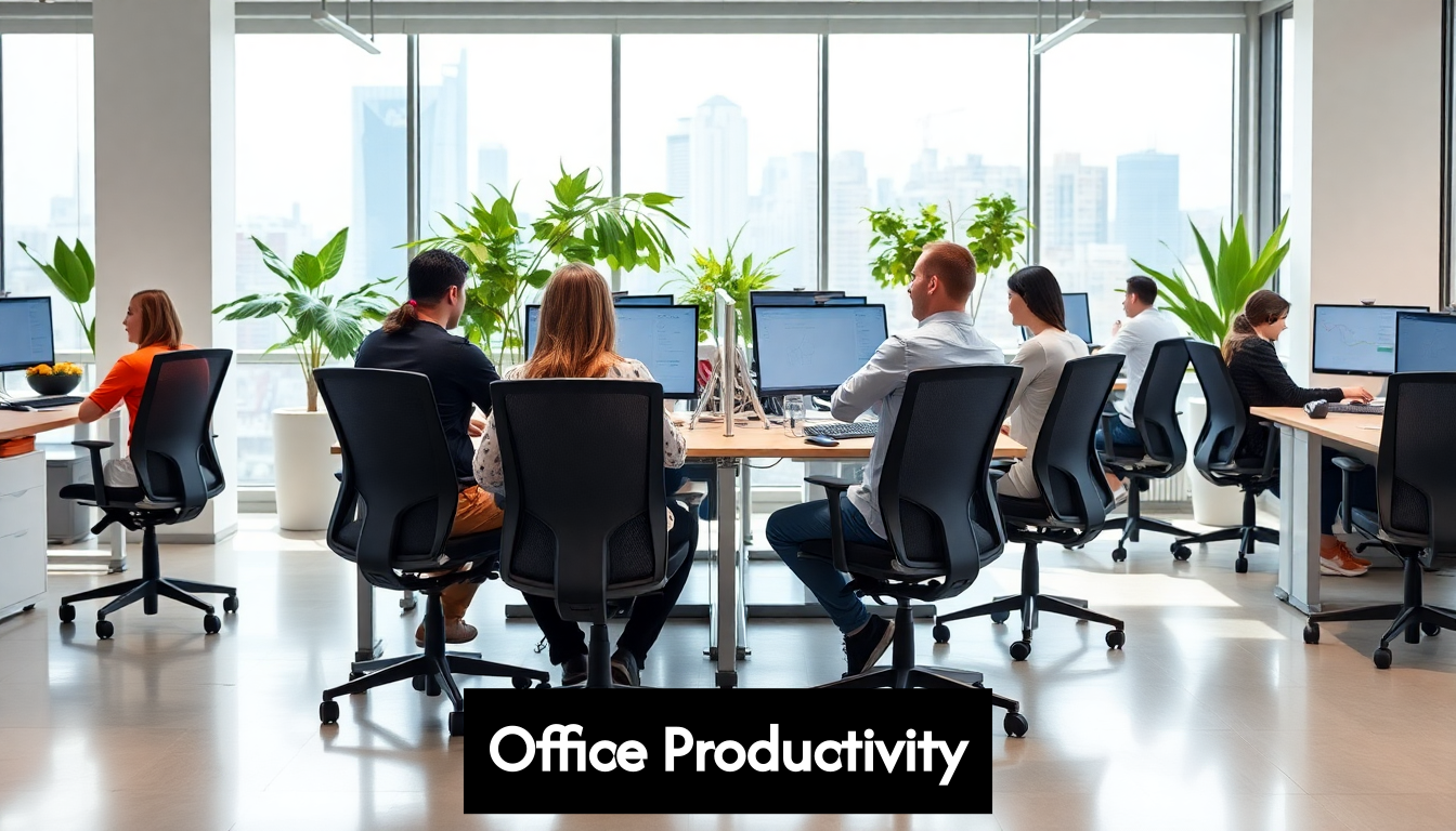 Modern office with ergonomic furniture and employees