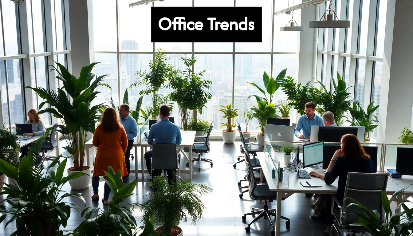 Modern office with open layout, plants and staff