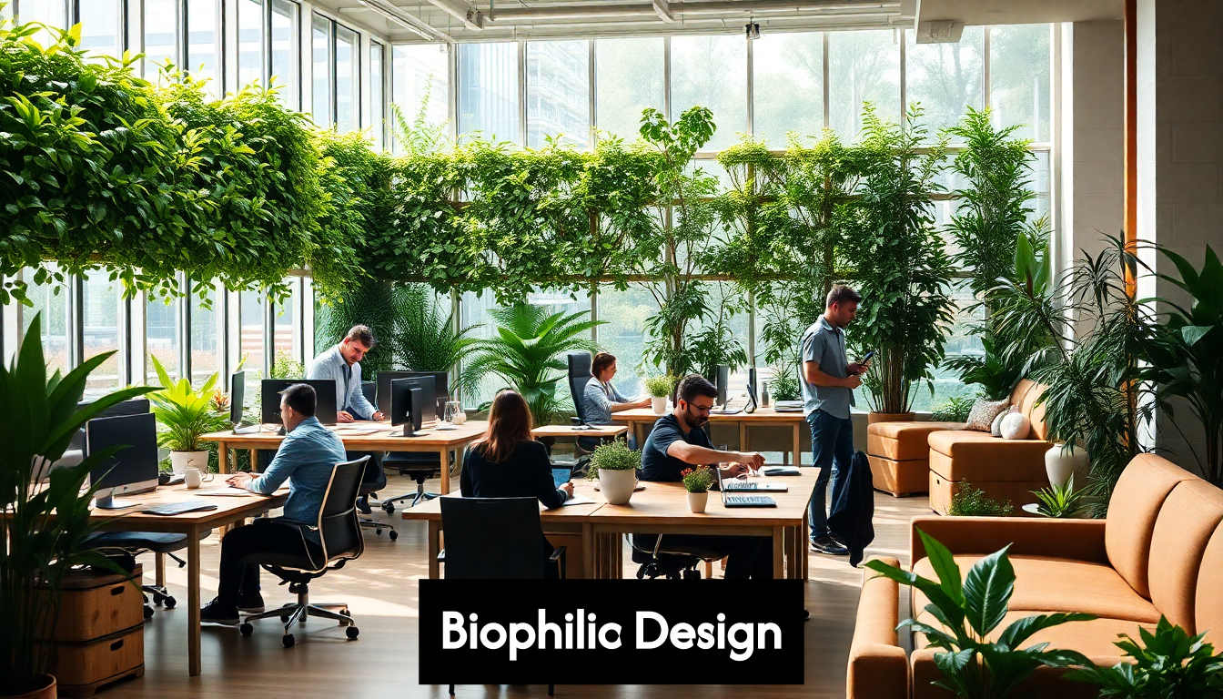 Office interior with living wall and biophilic elements