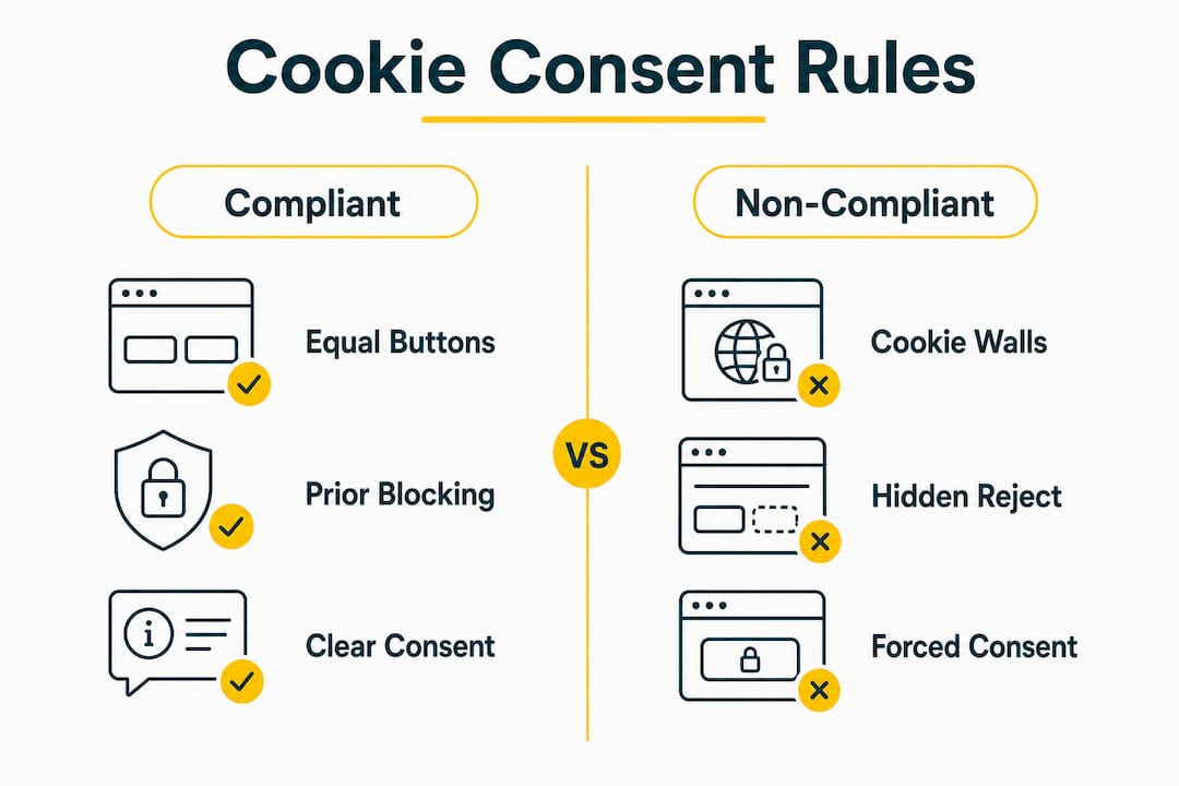 Infographic comparing compliant and non-compliant cookie banner features