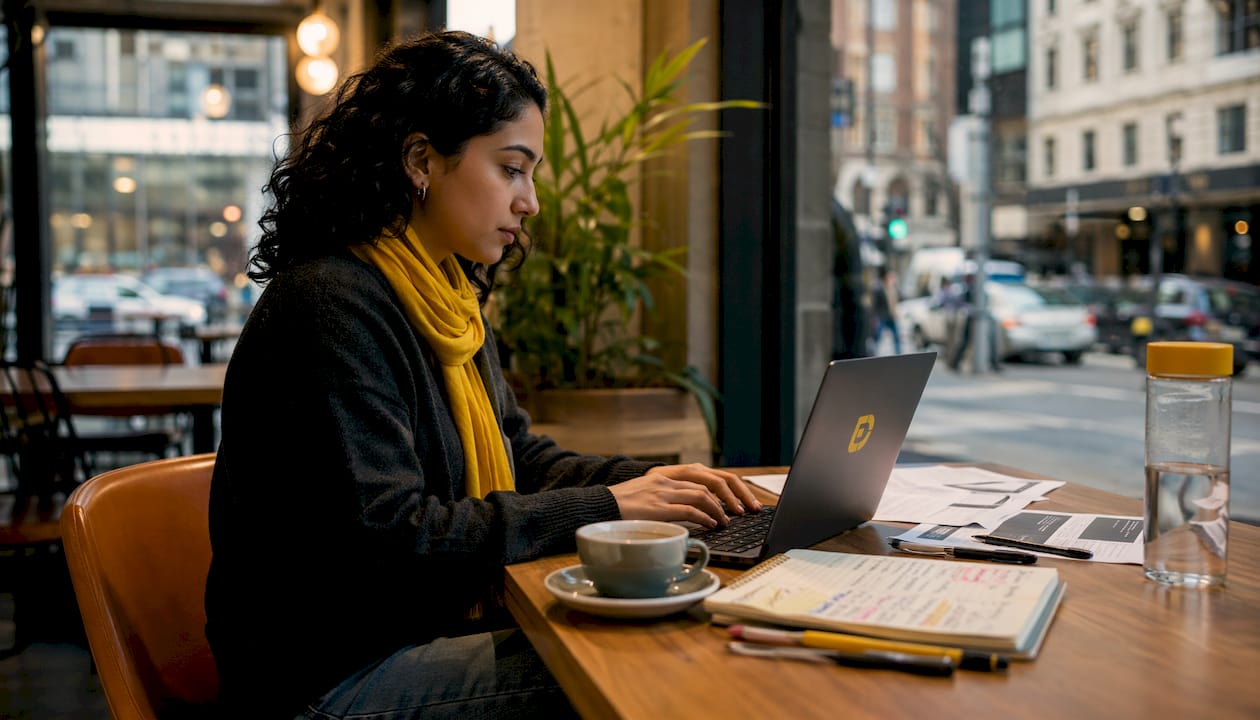 Person typing privacy notice at modern coworking desk
