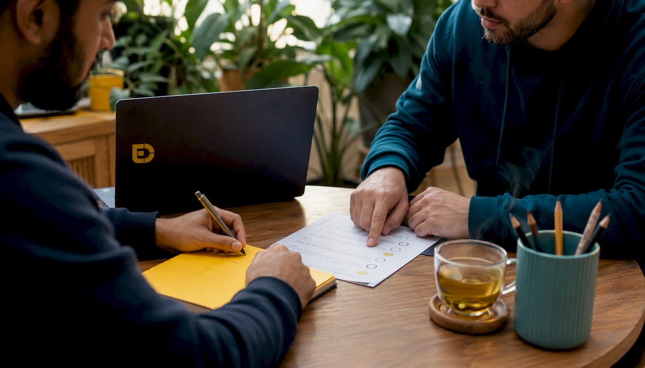 Hands working on accessibility audit documents