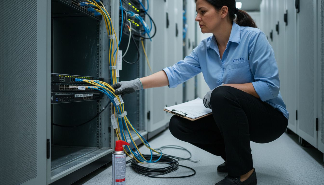 On Premise Cloud Example: Security And Control For Cpas - Transform 42 Inc Administrator Inspecting Cables In Accounting Server Room