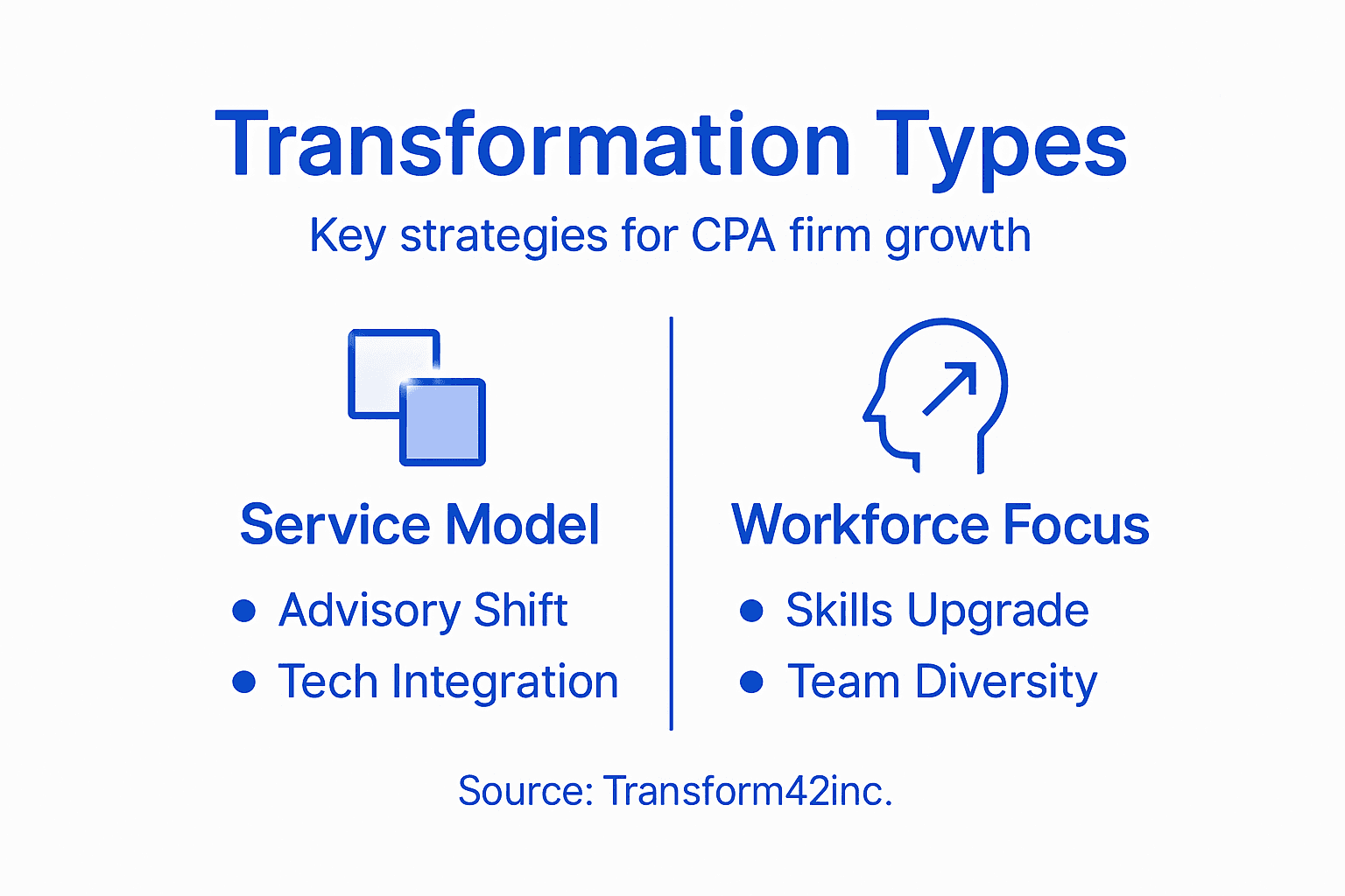 Business Transformation For Cpas: Real Revenue Growth In Miami - Transform 42 Inc Infographic Showing Cpa Transformation Strategies