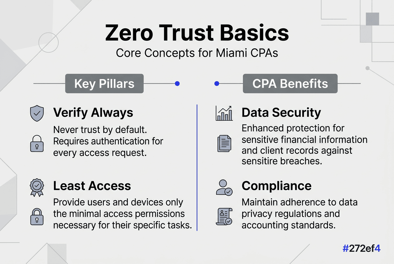 What Does Zero Trust Mean? A Guide For Miami Cpas - Transform 42 Inc Infographic Covering Zero Trust Cpa Essentials