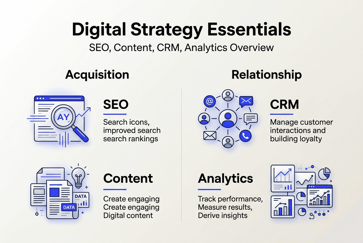 Digital Strategy For Miami Pros: Grow Clients 40-70% In 2026 - Transform 42 Inc Infographic Showing Digital Strategy Essentials