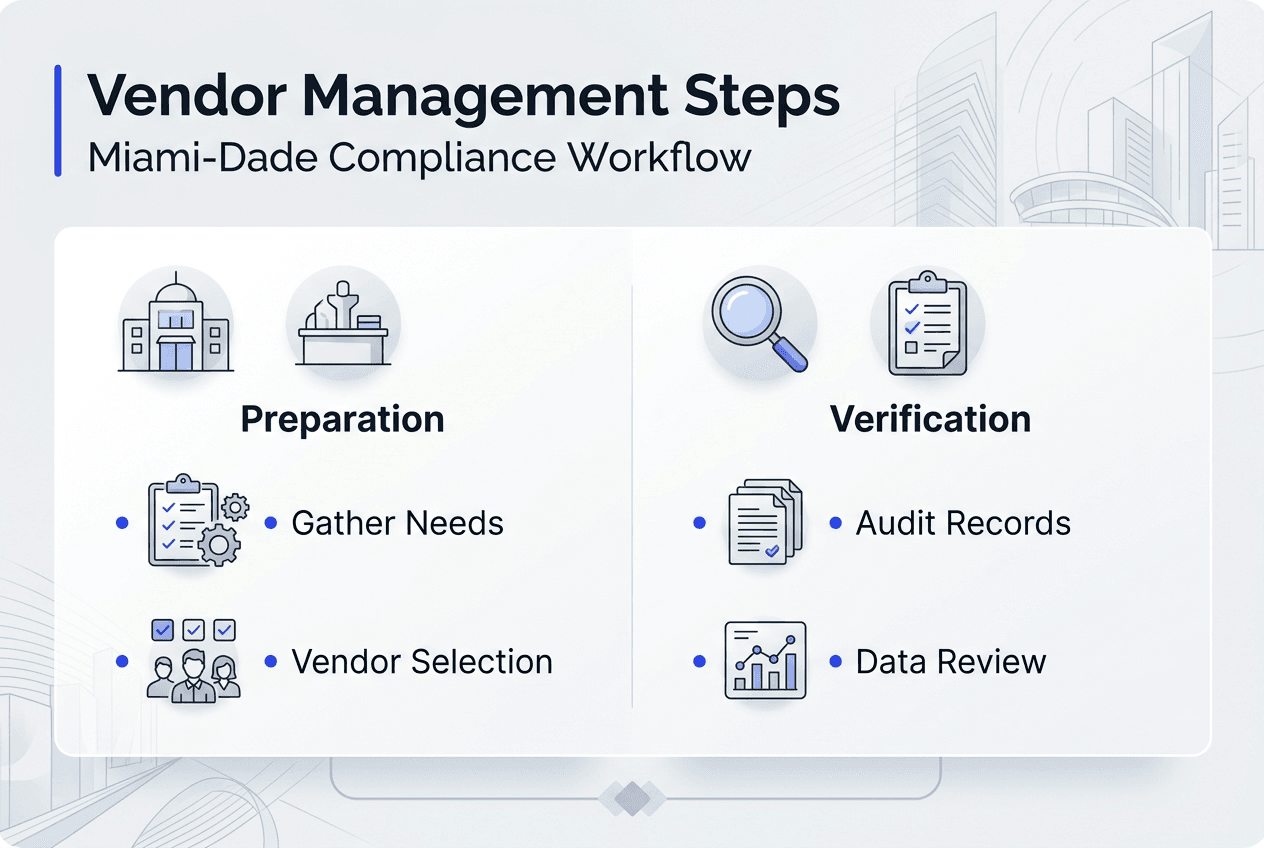 Master Miami Vendor Management Process Steps For Compliance - Transform 42 Inc Infographic Summarizing Miami Vendor Management Steps