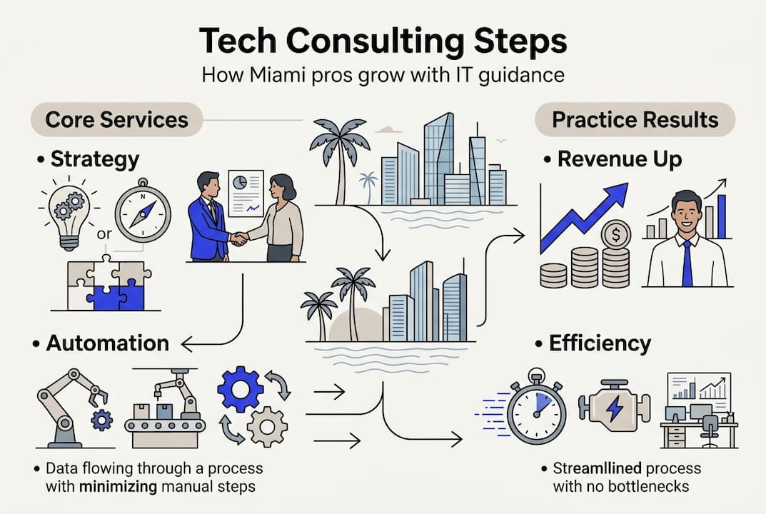 What Is Technology Consulting: A Guide For Miami Pros - Transform 42 Inc Infographic On Tech Consulting Process And Outcomes
