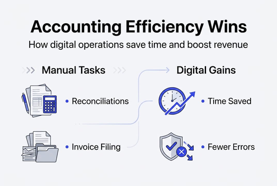 How Digital Operations Boost Efficiency For Accountants - Transform 42 Inc Infographic Showing Digital Gains Versus Manual Tasks