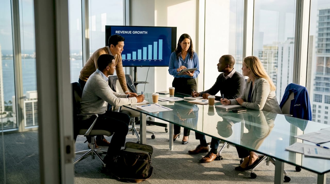It Modernization Drives 7-Figure Revenue For Miami Firms - Transform 42 Inc Team Meeting With Revenue Chart In Office