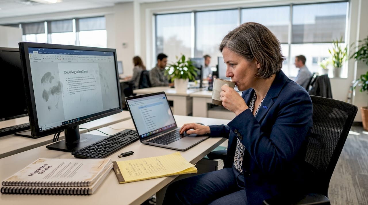 Unlock Revenue Growth: The Role Of Tech Strategy Explained - Transform 42 Inc It Manager Reviewing Cloud Migration Steps