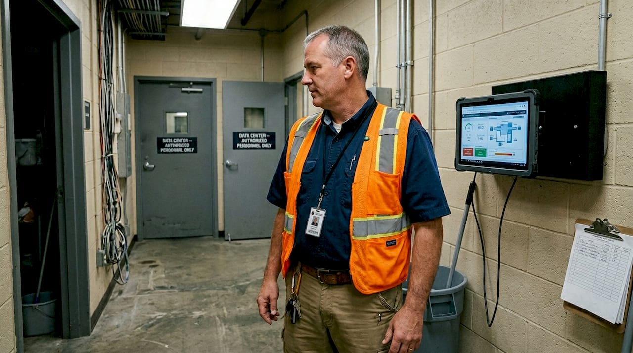 How Iot Transforms U.s. Government Operations: 10-20X Roi - Transform 42 Inc Facility Manager Checking Iot Sensor Display