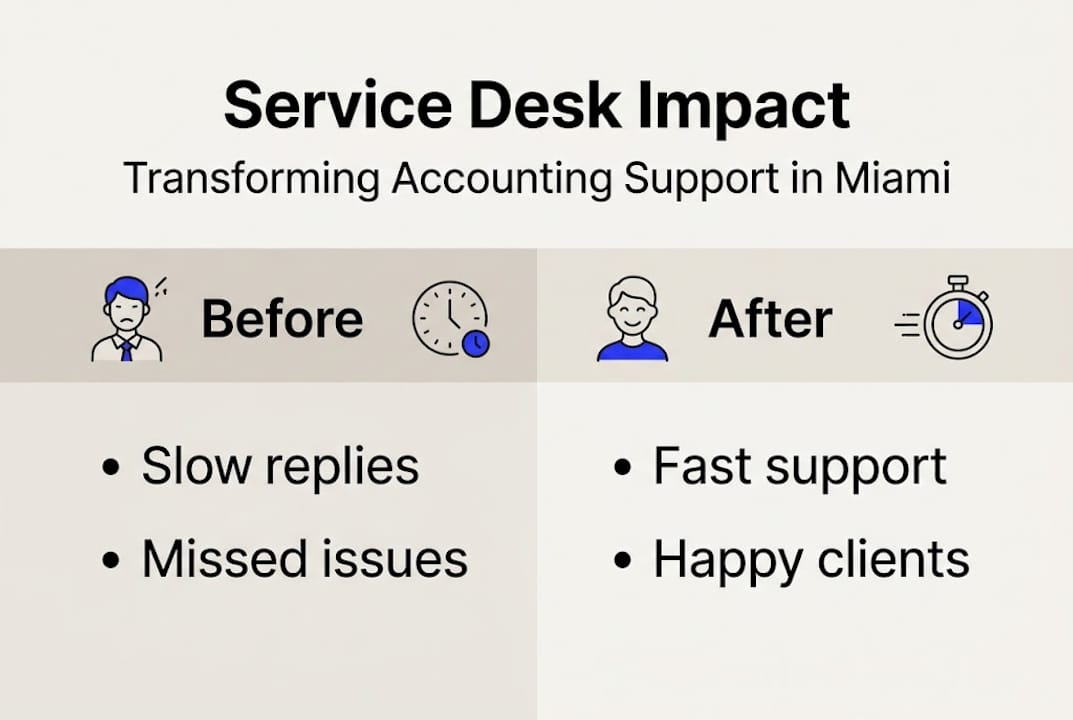 Service Desk For Miami Accountants: Boost Client Support - Transform 42 Inc Infographic Showing Service Desk Improvements Before And After