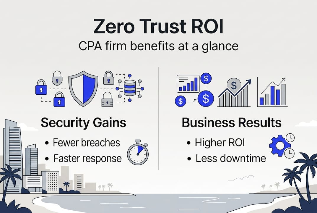 Zero Trust Security For Miami Cpas: Protect Data And Grow - Transform 42 Inc Infographic Summarizing Zero Trust Roi For Cpas