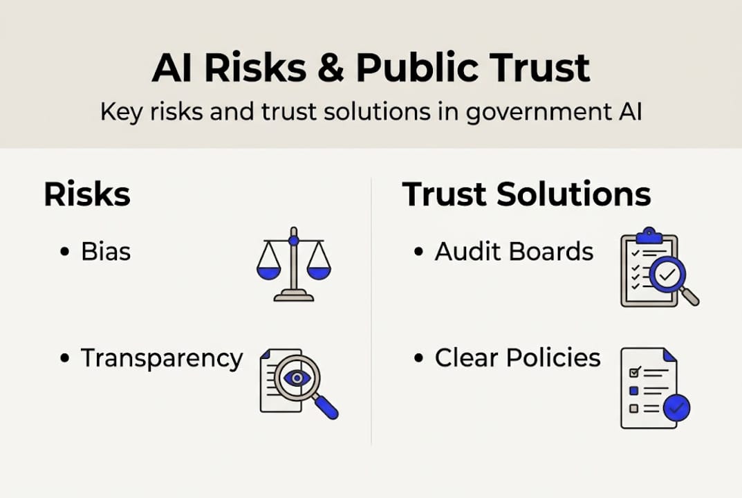 Ai In Government: Boosting Efficiency And Public Trust - Transform 42 Inc Infographic Showing Ai Risks And Trust Solutions