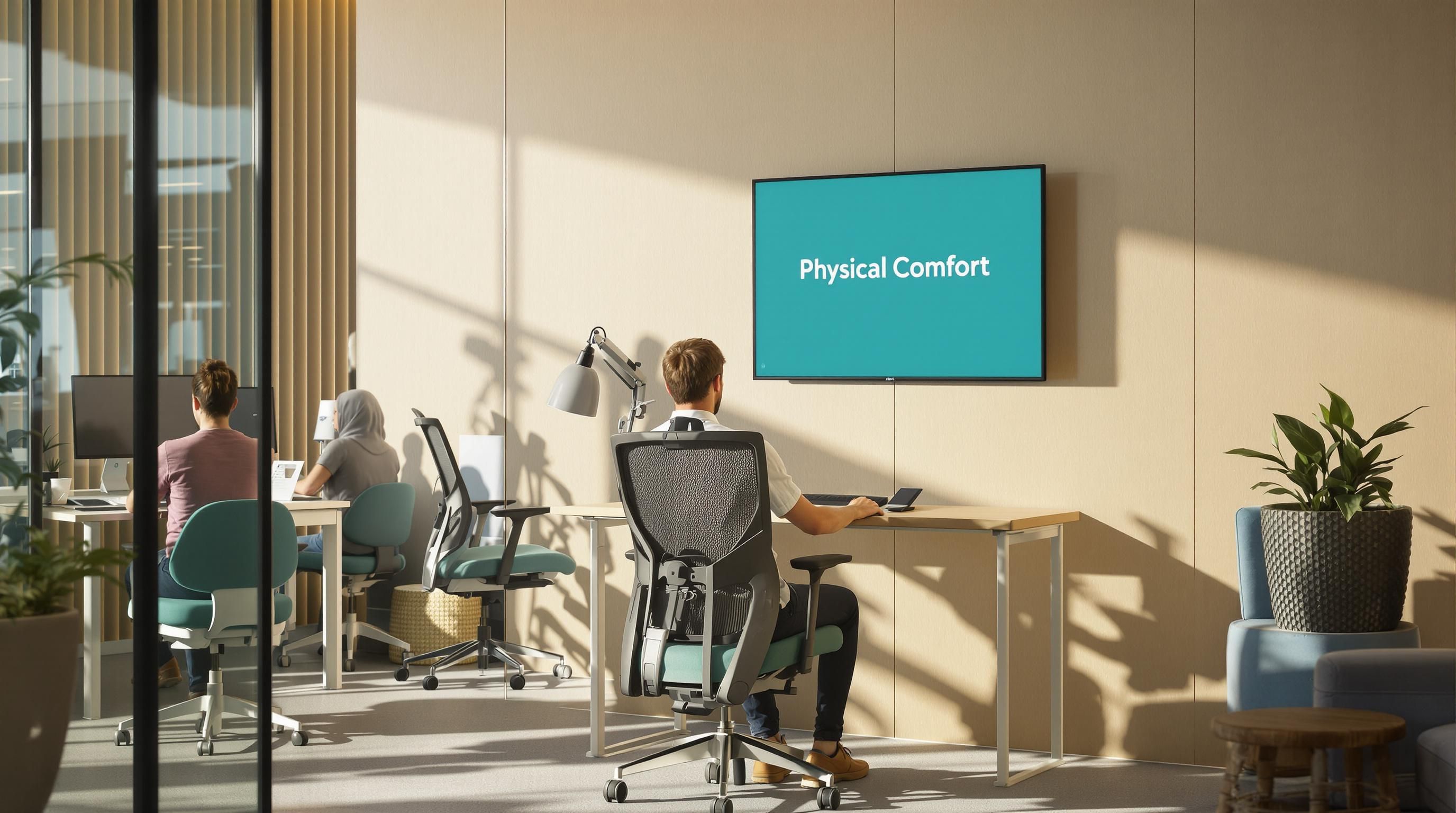 UAE office scene showing employee adjusting ergonomic chair and sit-stand desk with 'Physical Comfort' on screen