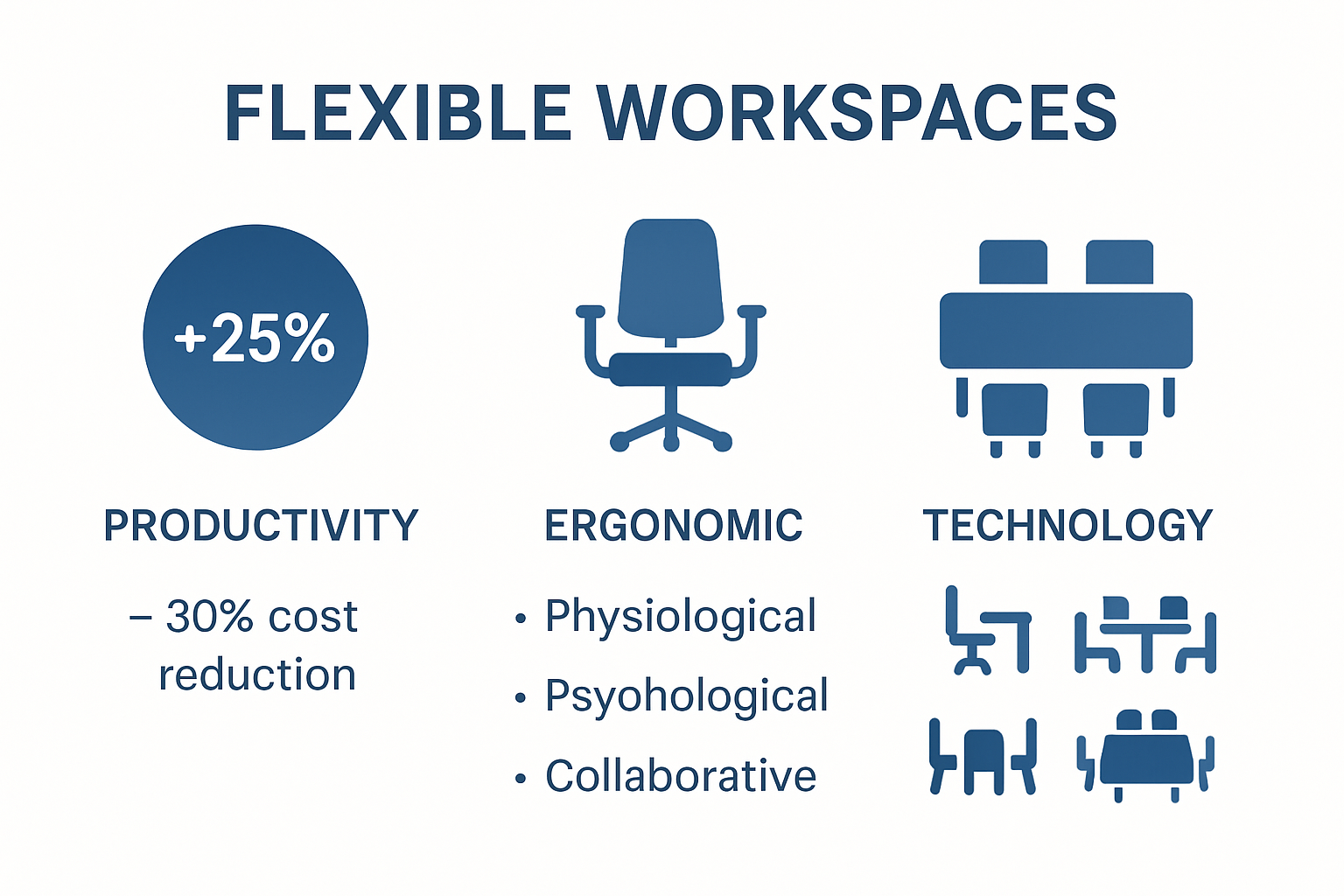 Infographic showing ergonomic and productivity benefits in flexible workspaces