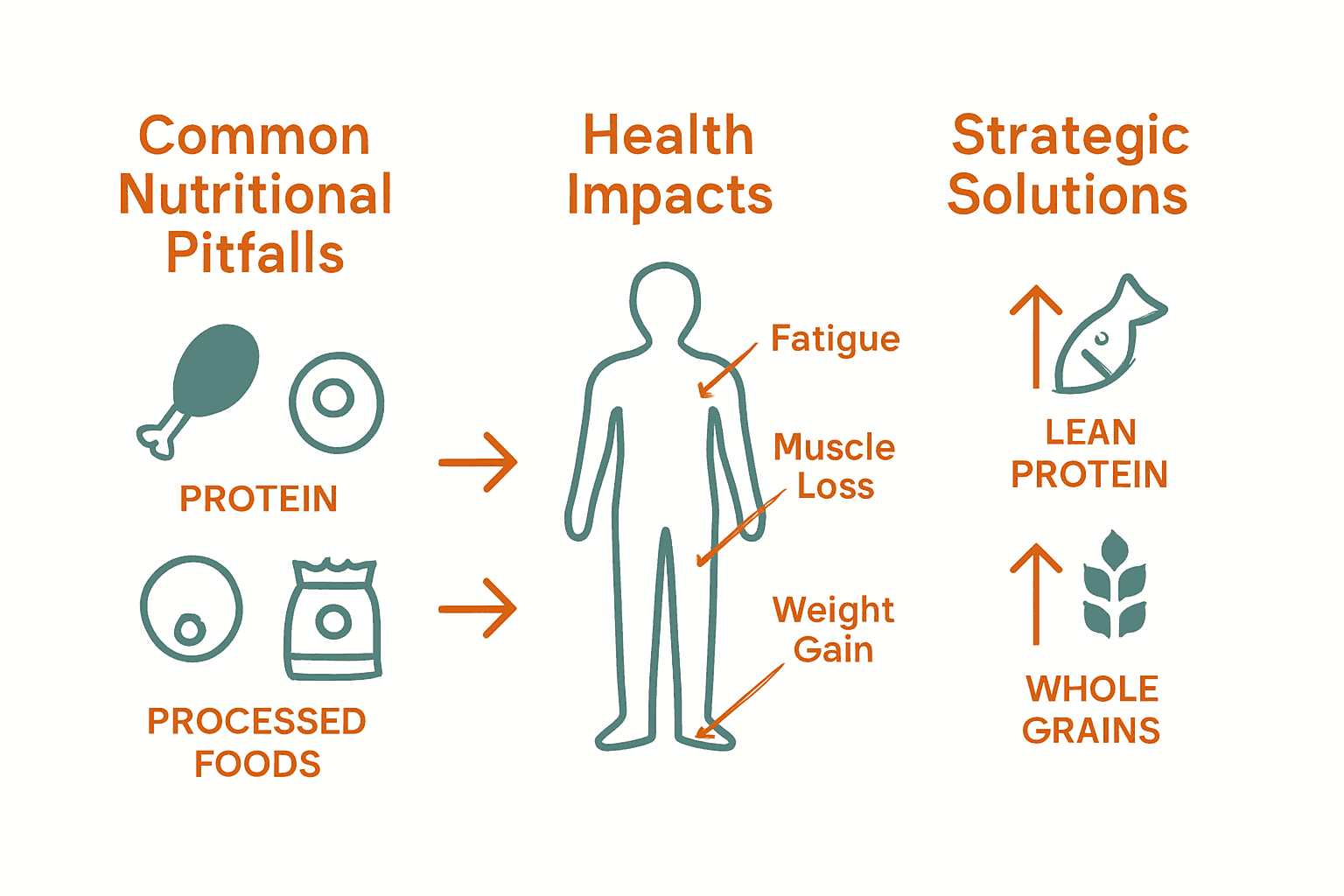 Infographic comparing common nutrition pitfalls and solutions for men over 40