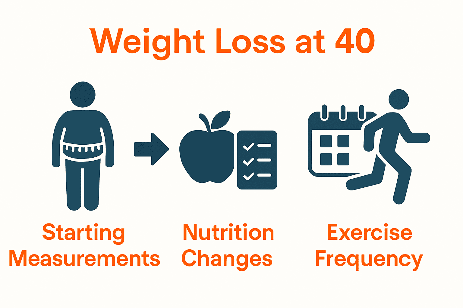 Infographic showing weight loss process for men after 40βbody measurements, nutrition, activity icons.