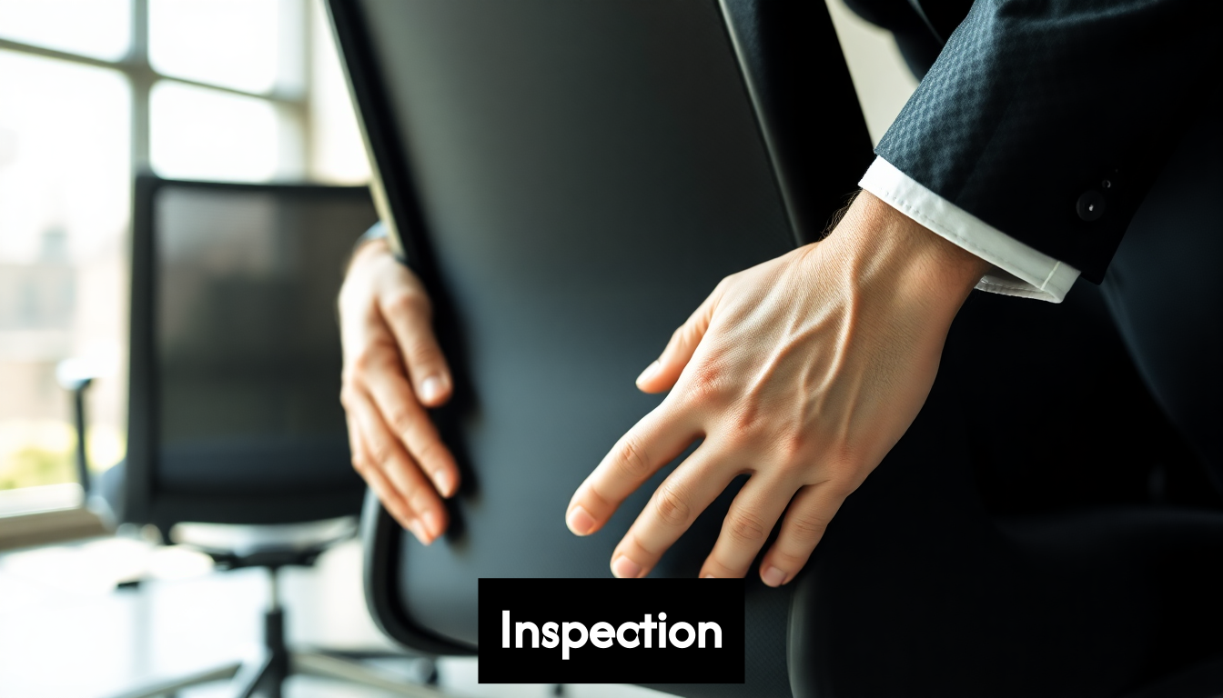 Person examining office chair for maintenance