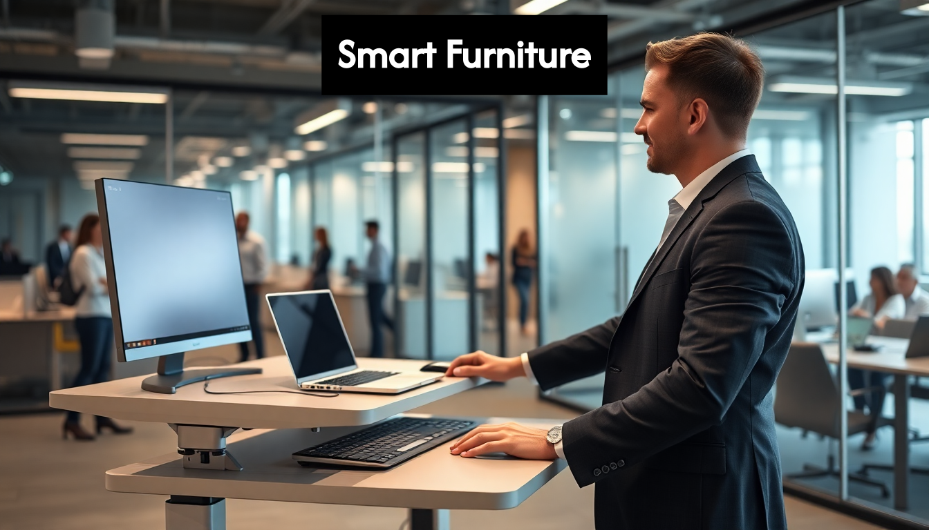 Person using height-adjustable smart desk in tech office