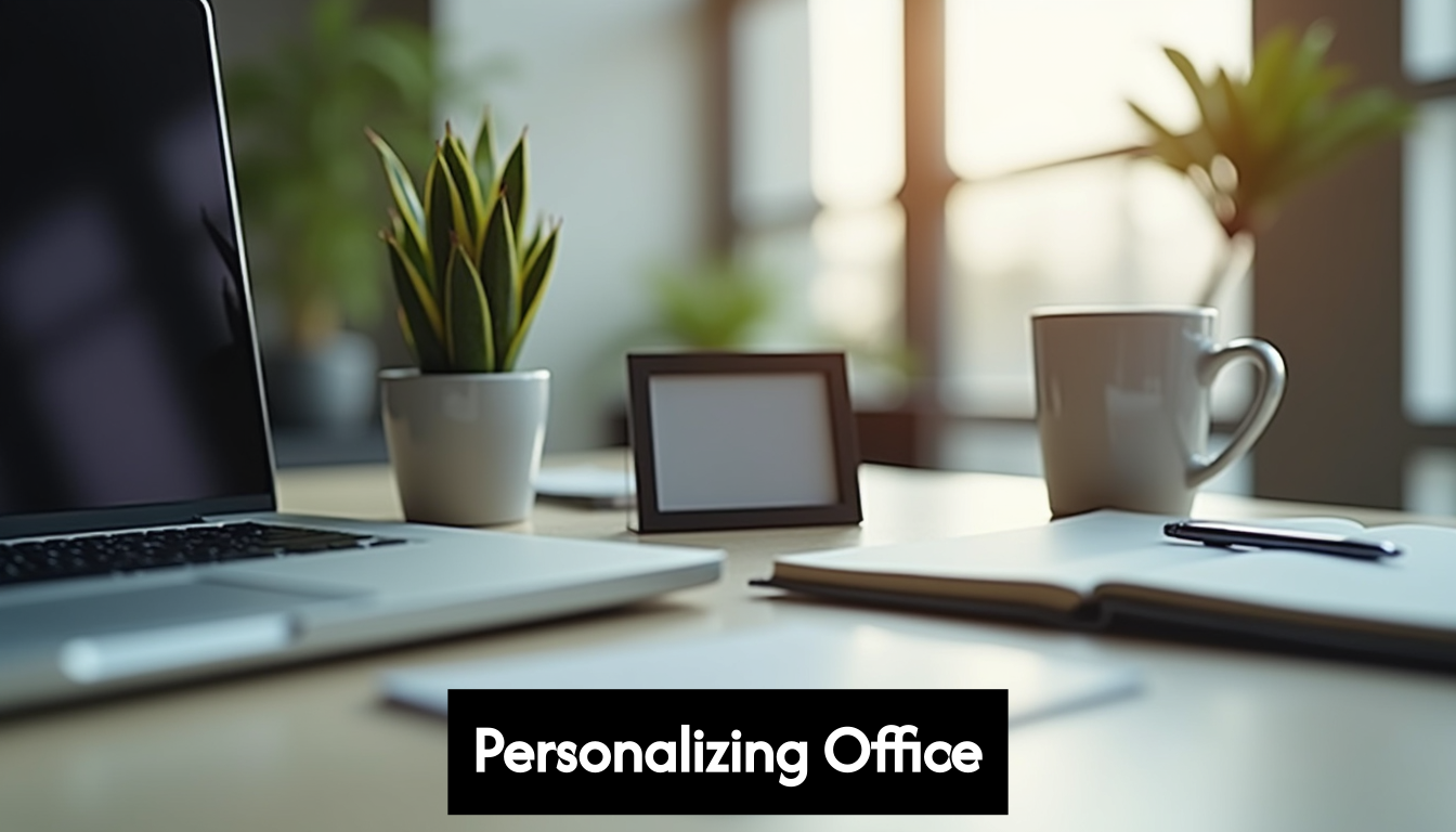 Personalized office desk with plant and photo.