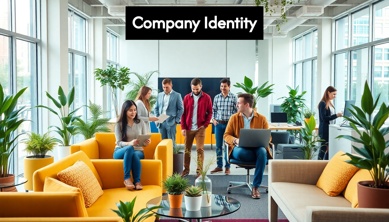 Employees collaborating in a vibrant office space.