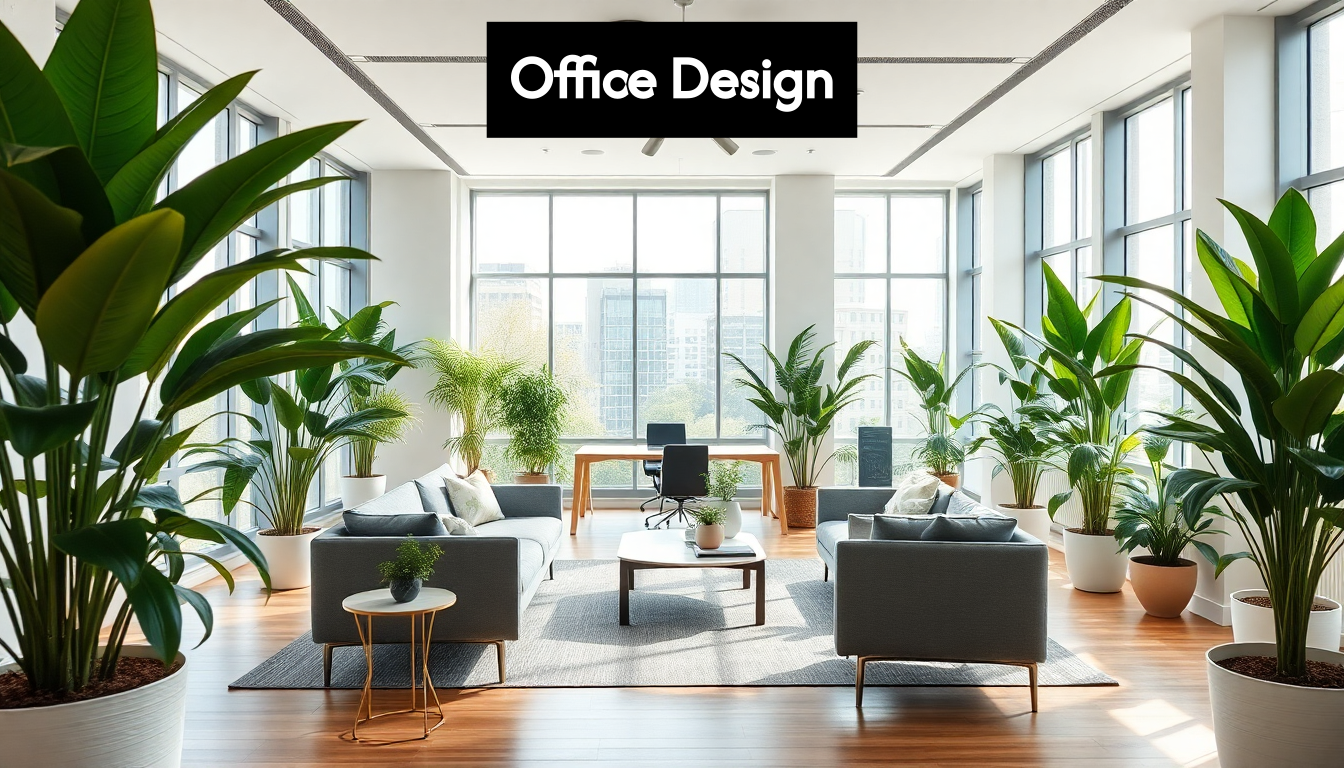A modern office workspace showcasing stylish decor and natural light.
