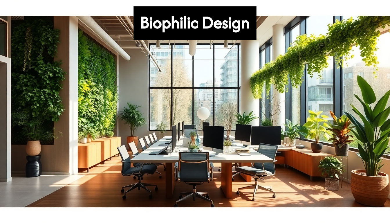 Trendy biophilic office with natural elements.