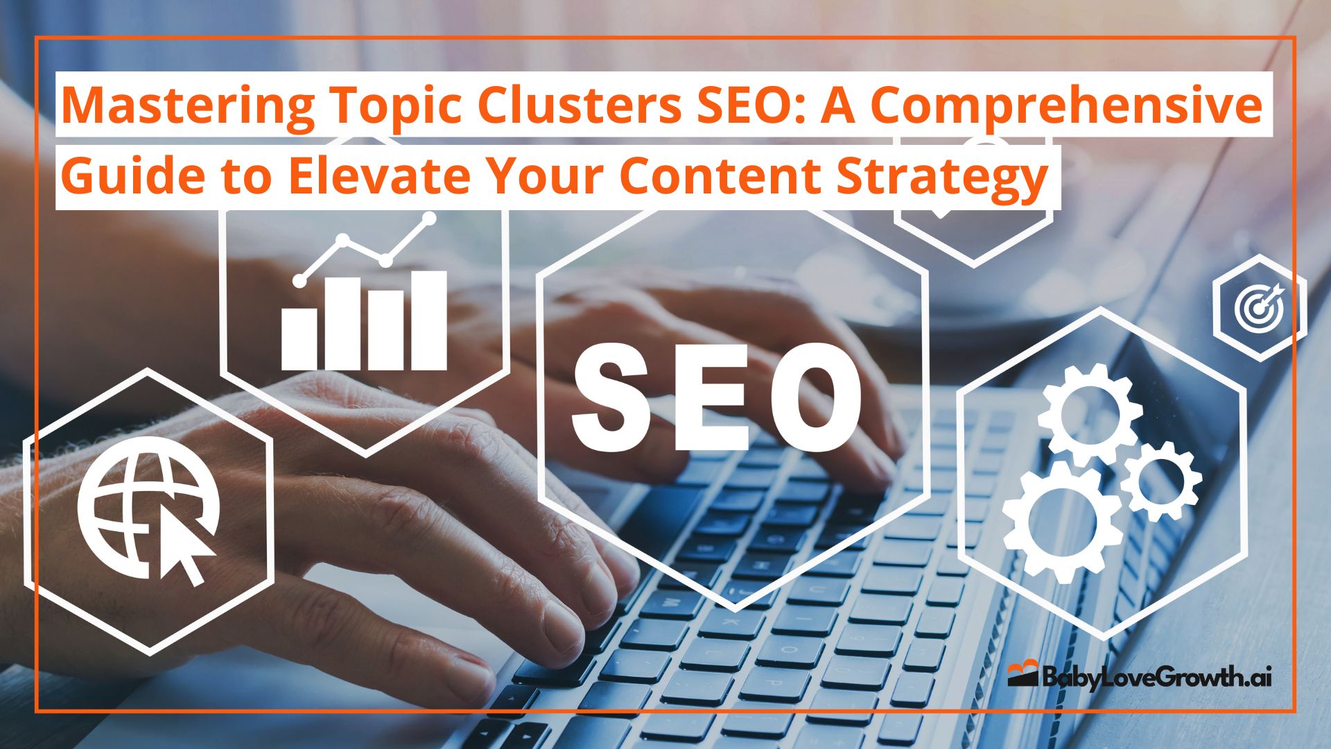 Two hands typing on a laptop with a visual representation of interconnected content topics in the background.