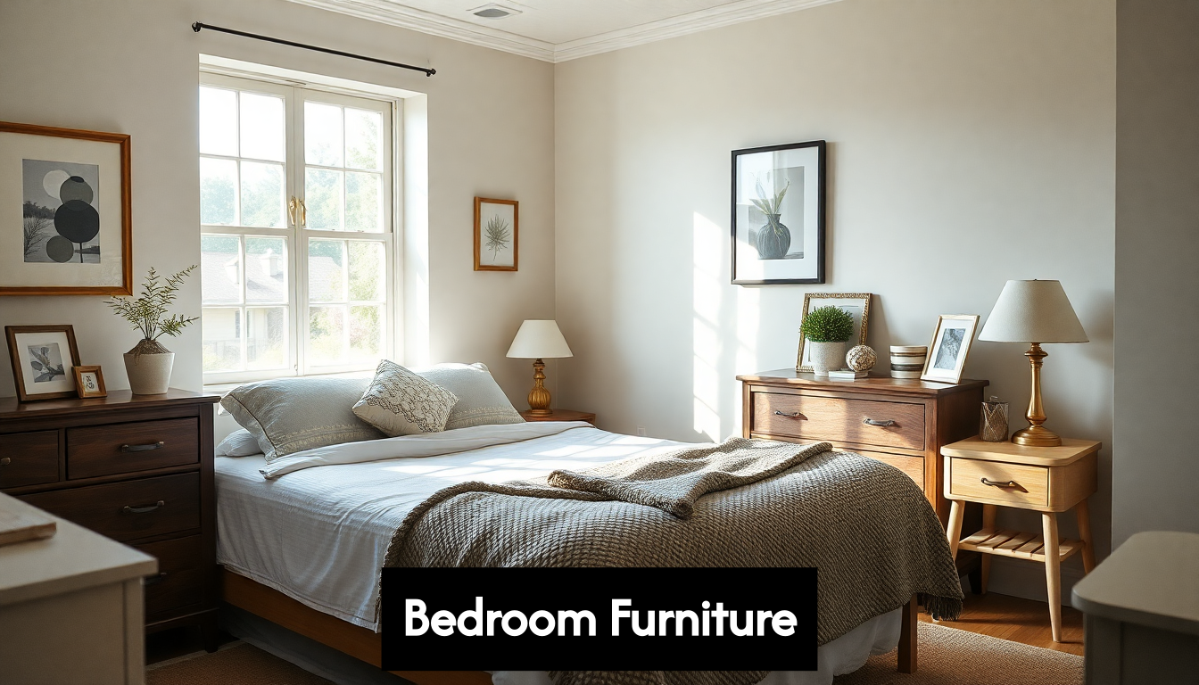 A comfortable bedroom with bed, dresser, and nightstand.