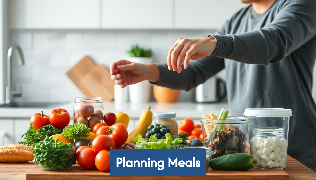 A person organizing food and containers for meal planning.
