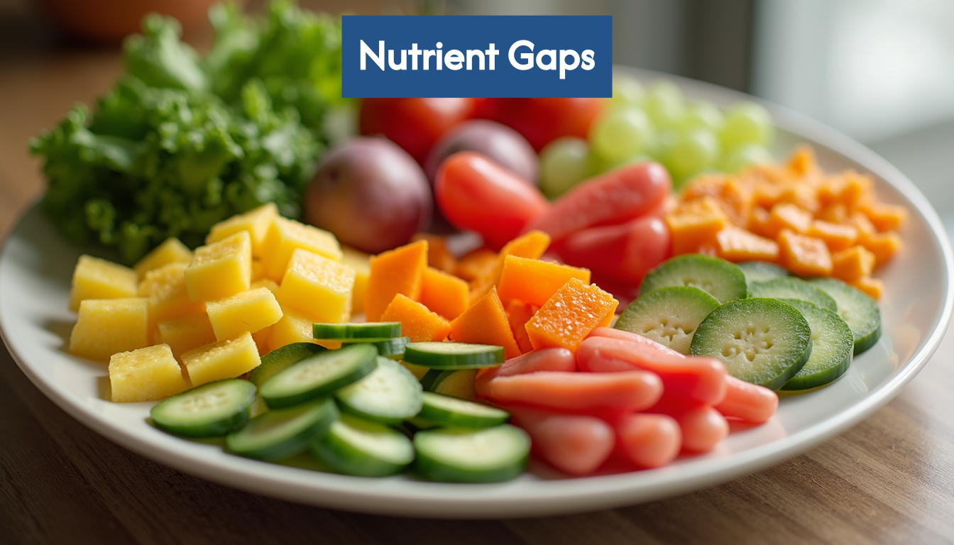 A plate showing a healthy meal with areas representing nutrient gaps.