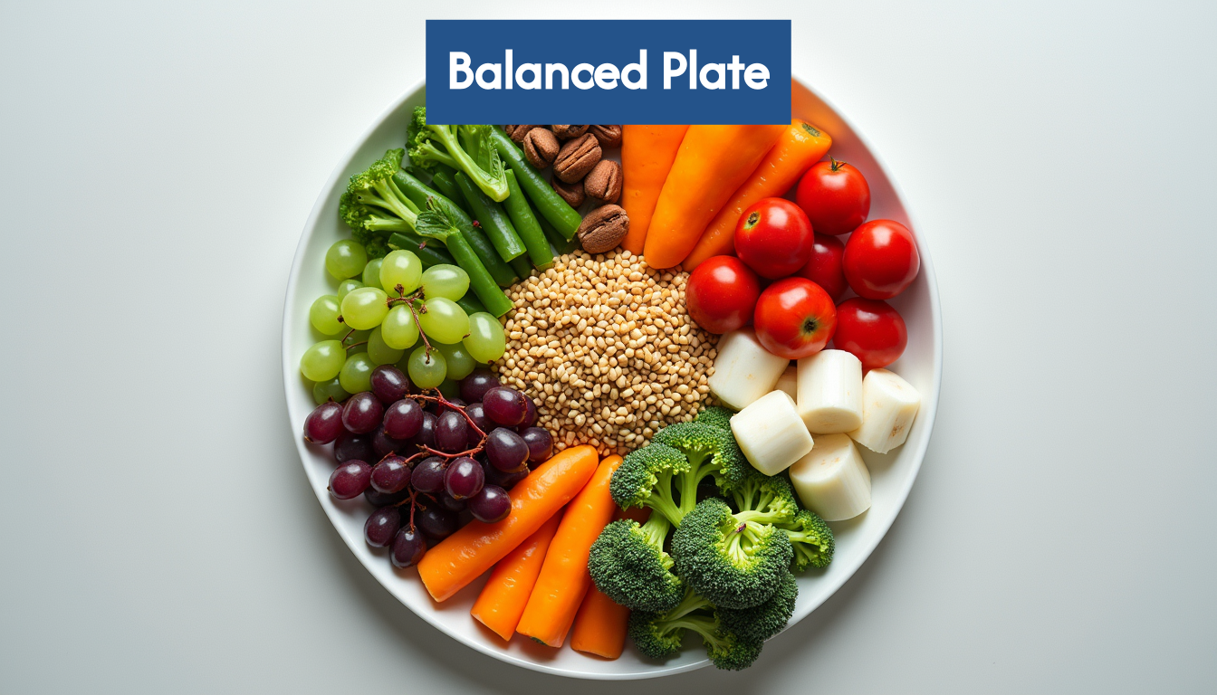 A plate with sections filled with balanced food groups.