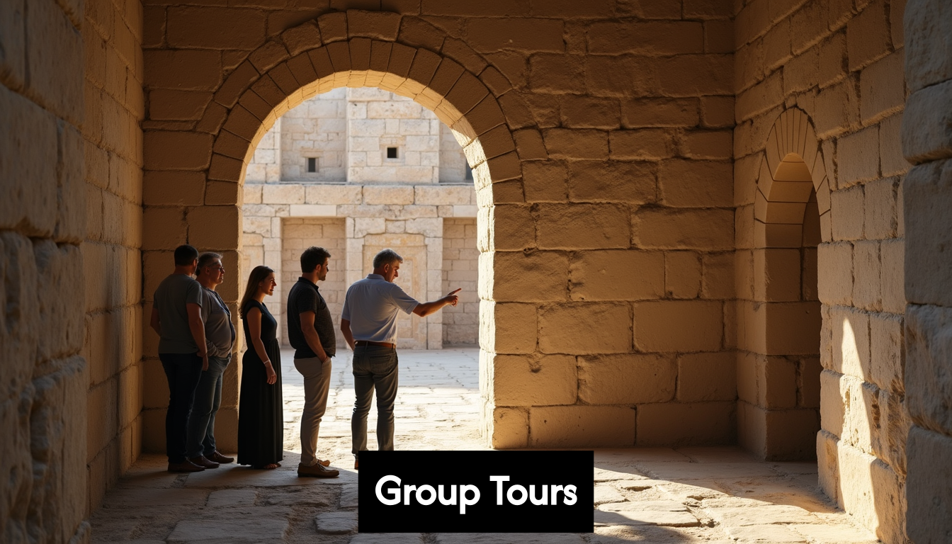 A private guide talks to a family in ruins.
