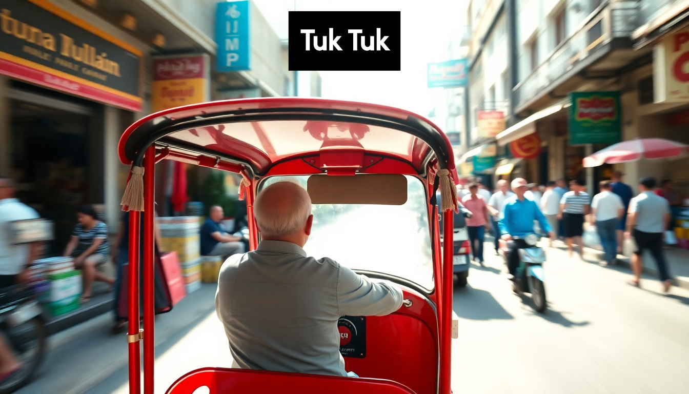A red tuk tuk on a busy street in Thailand.