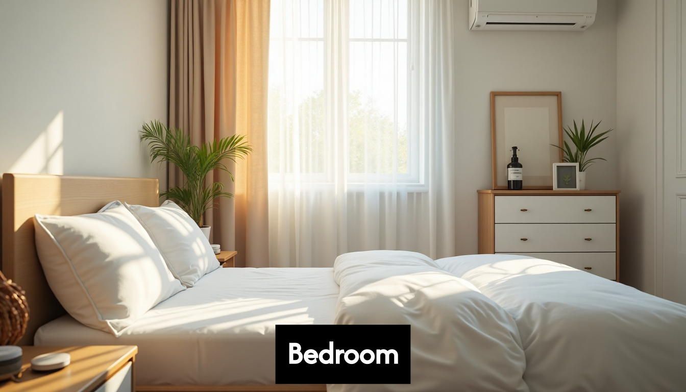 A serene and clean modern bedroom interior.