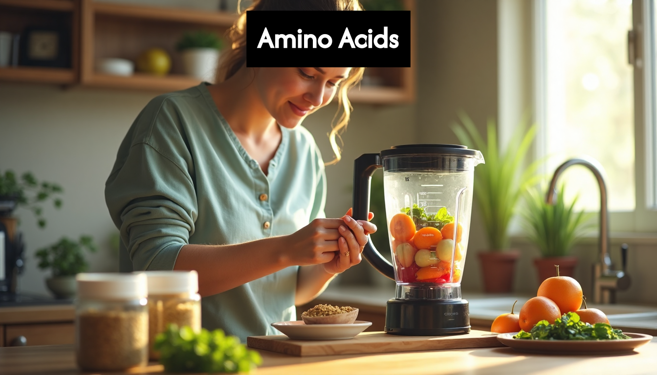 Adding vegan protein powder to a smoothie in a kitchen
