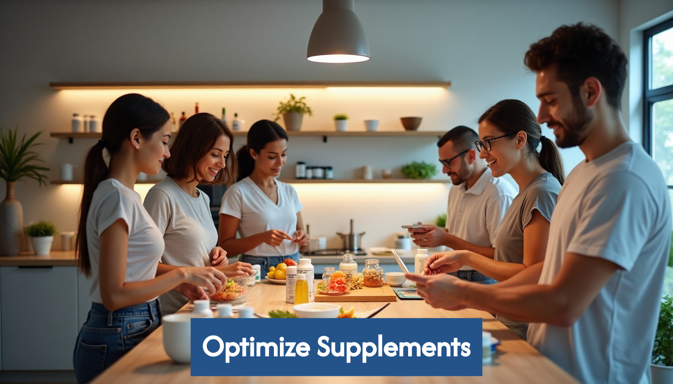 Adults organizing personalized supplements in modern kitchen