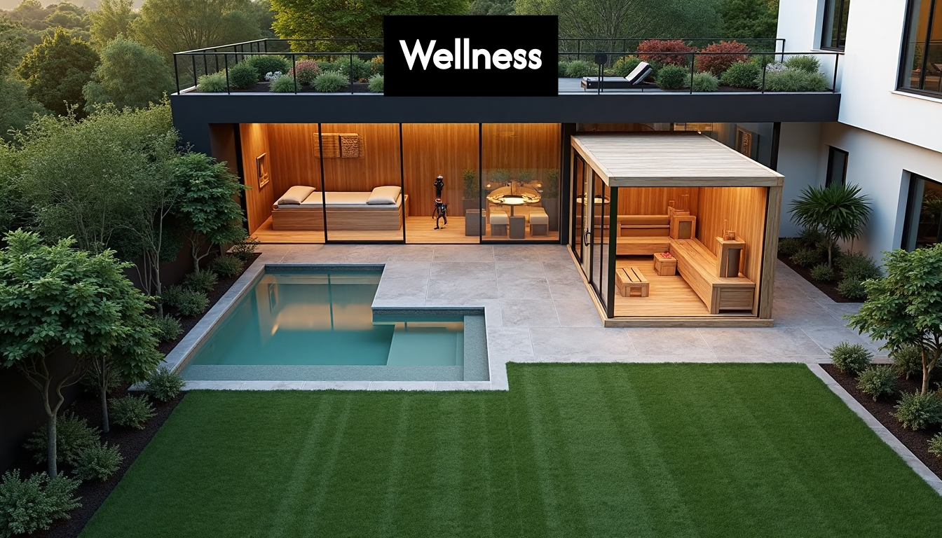 Aerial view of home with backyard sauna and steam room.