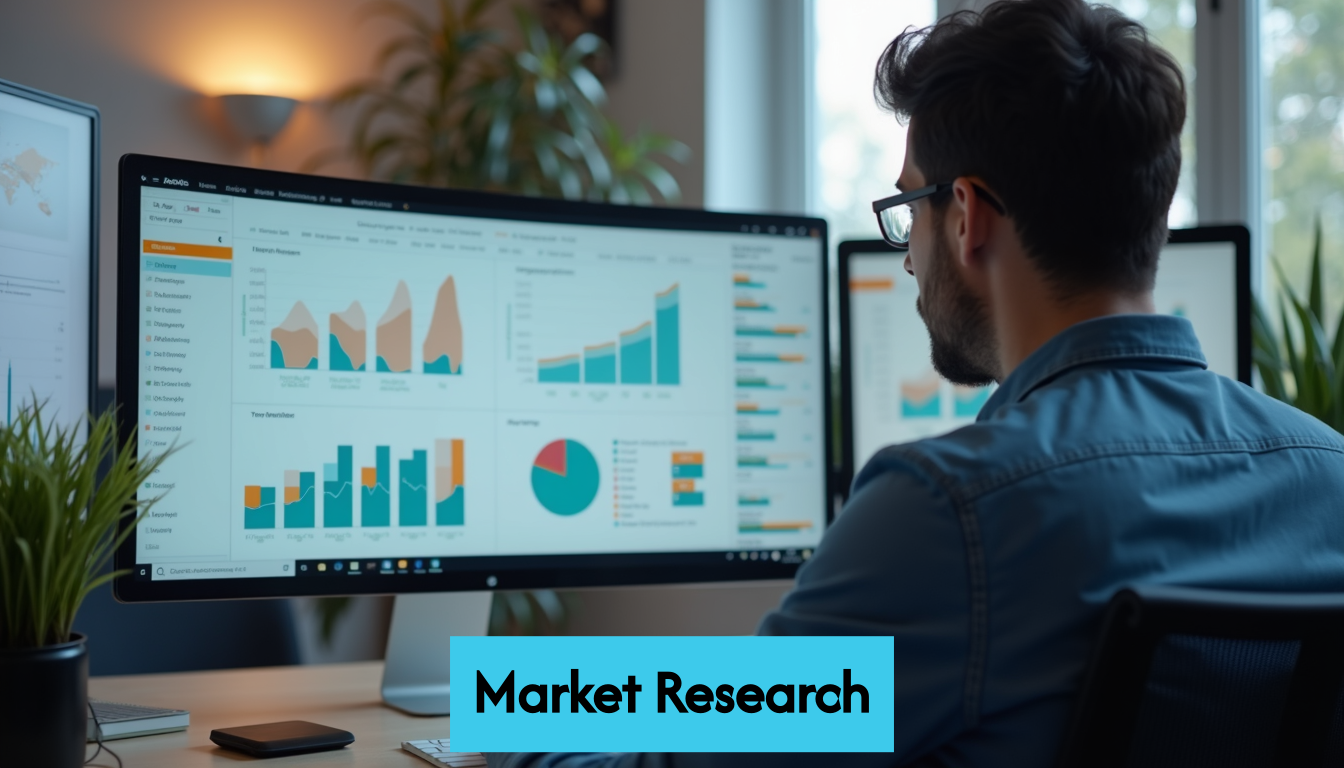 Analyzing market research data on a laptop.