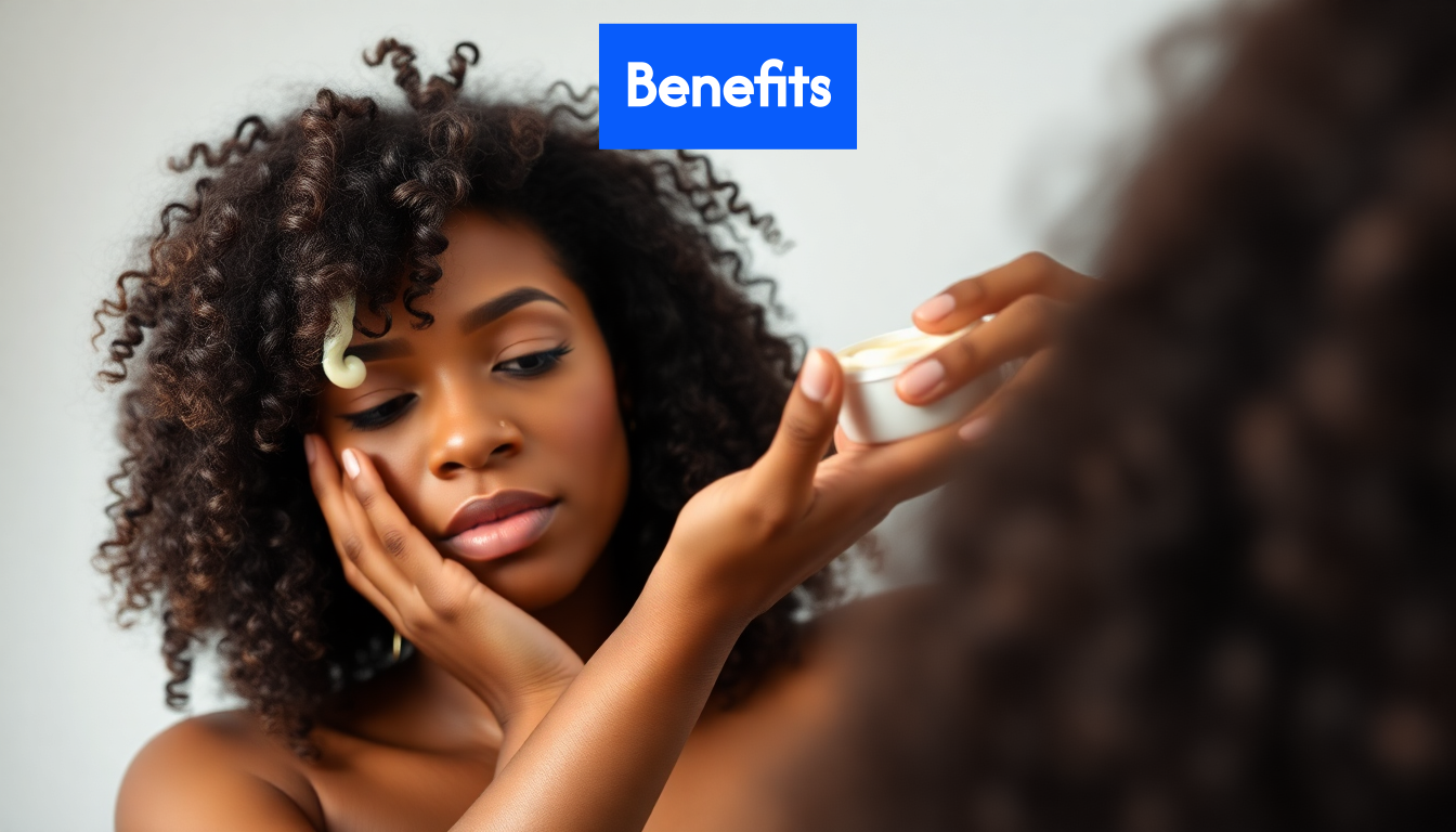 Applying shea butter to curly natural hair.