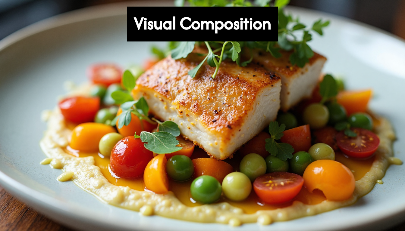 Artful plated dish with vibrant vegetables and protein