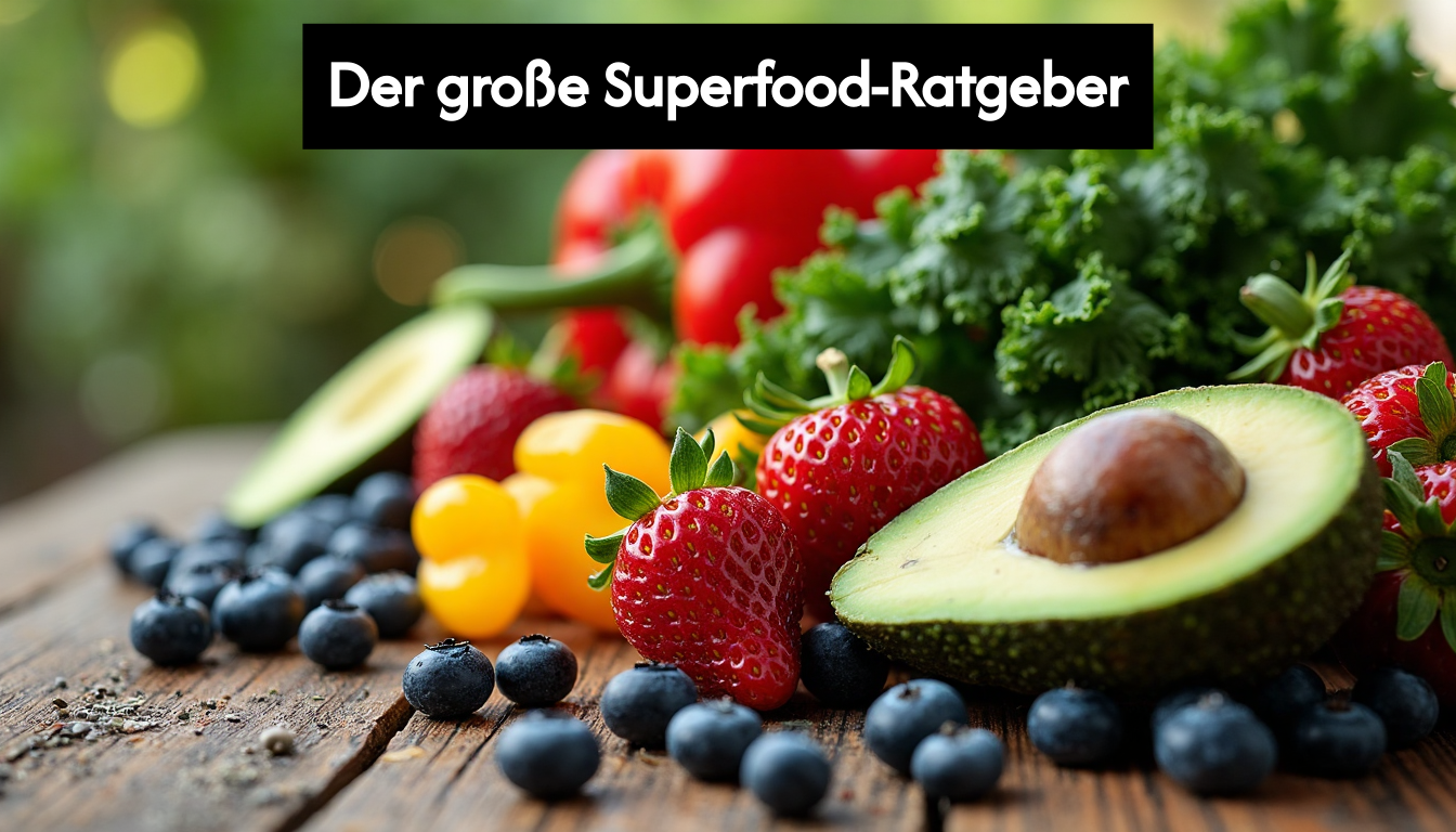 Assorted fresh superfoods on wooden table